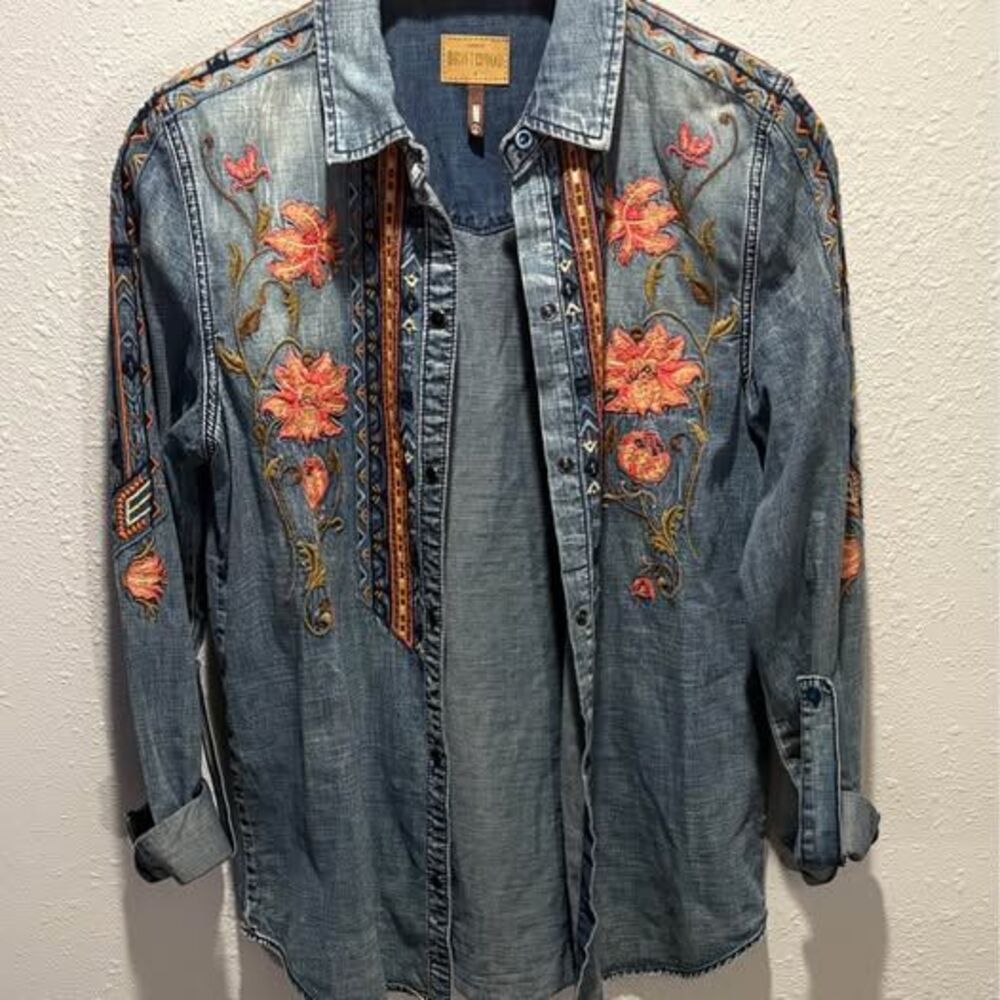 Driftwood Sandy Denim Embroidered Shirt M Orange Coral Floral Aztec Sundance